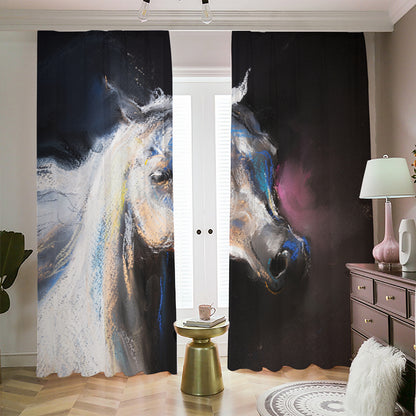 White Horse Portrait Print Blackout Pencil Pleat Curtains