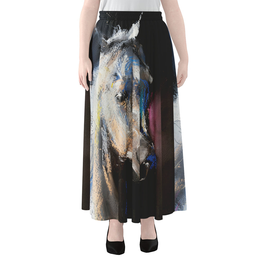 White Horse Portrait Print Chiffon Maxi Skirt
