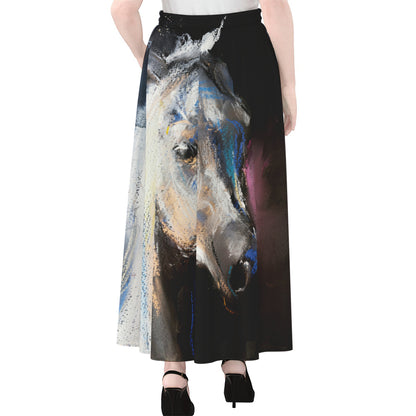 White Horse Portrait Print Chiffon Maxi Skirt