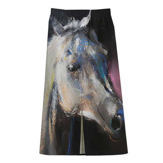 White Horse Portrait Print Cotton Front Slit Maxi Skirt