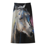White Horse Portrait Print Cotton Front Slit Maxi Skirt