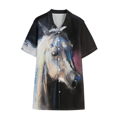 White Horse Portrait Print Cotton Hawaiian Shirt