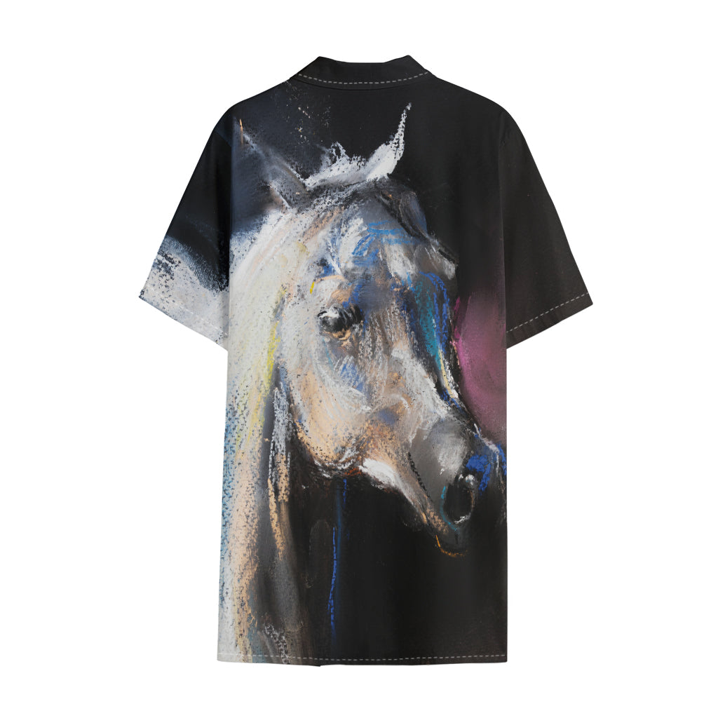 White Horse Portrait Print Cotton Hawaiian Shirt