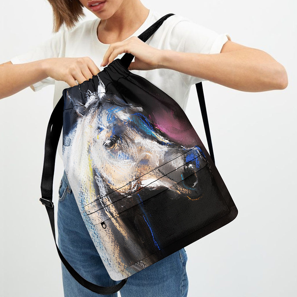 White Horse Portrait Print Drawstring Backpack