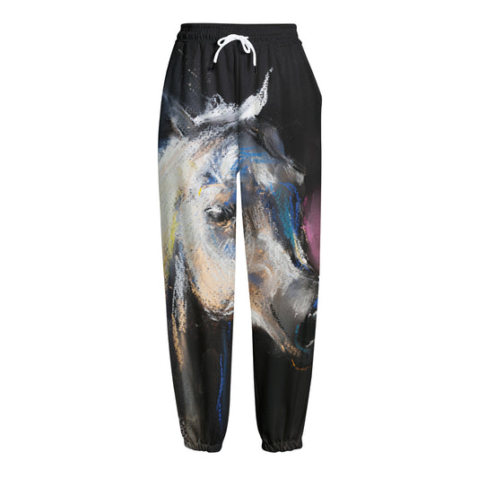 White Horse Portrait Print Fleece Lined Knit Pants