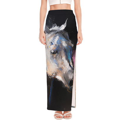 White Horse Portrait Print High Slit Maxi Skirt