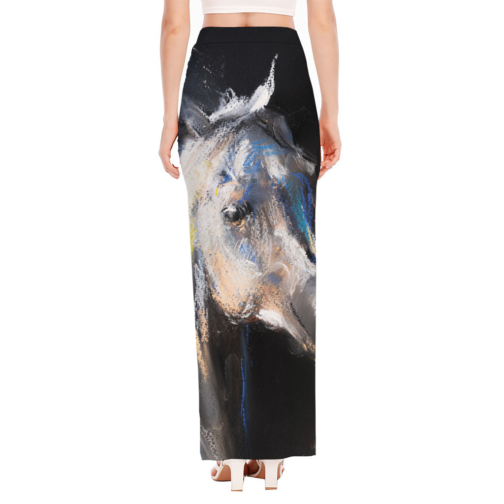 White Horse Portrait Print High Slit Maxi Skirt