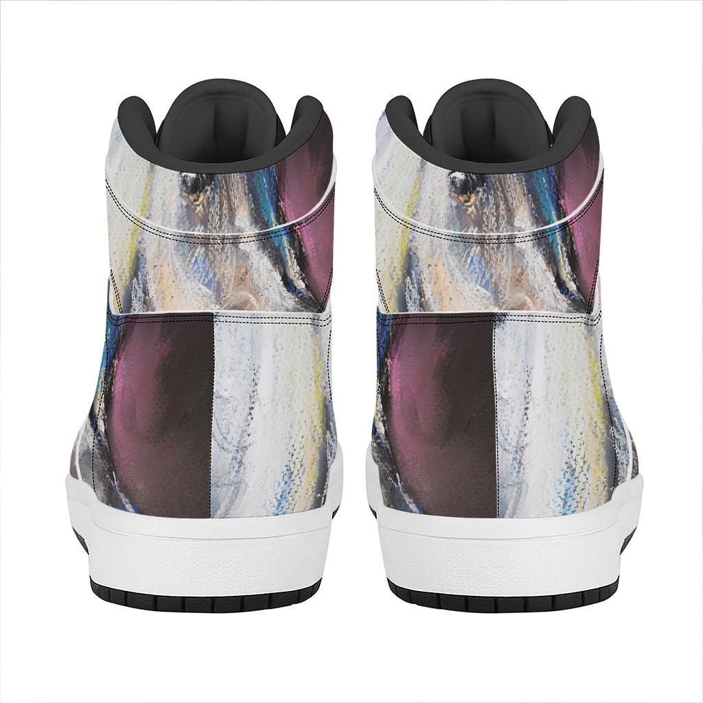 White Horse Portrait Print High Top Leather Sneakers