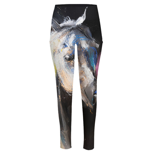 White Horse Portrait Print High-Waisted Pocket Leggings