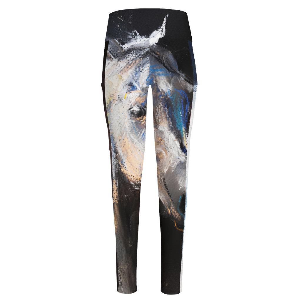 White Horse Portrait Print High-Waisted Pocket Leggings