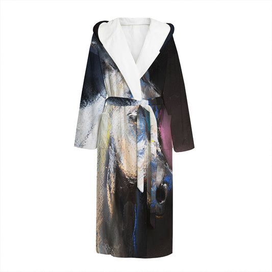 White Horse Portrait Print Hooded Bathrobe