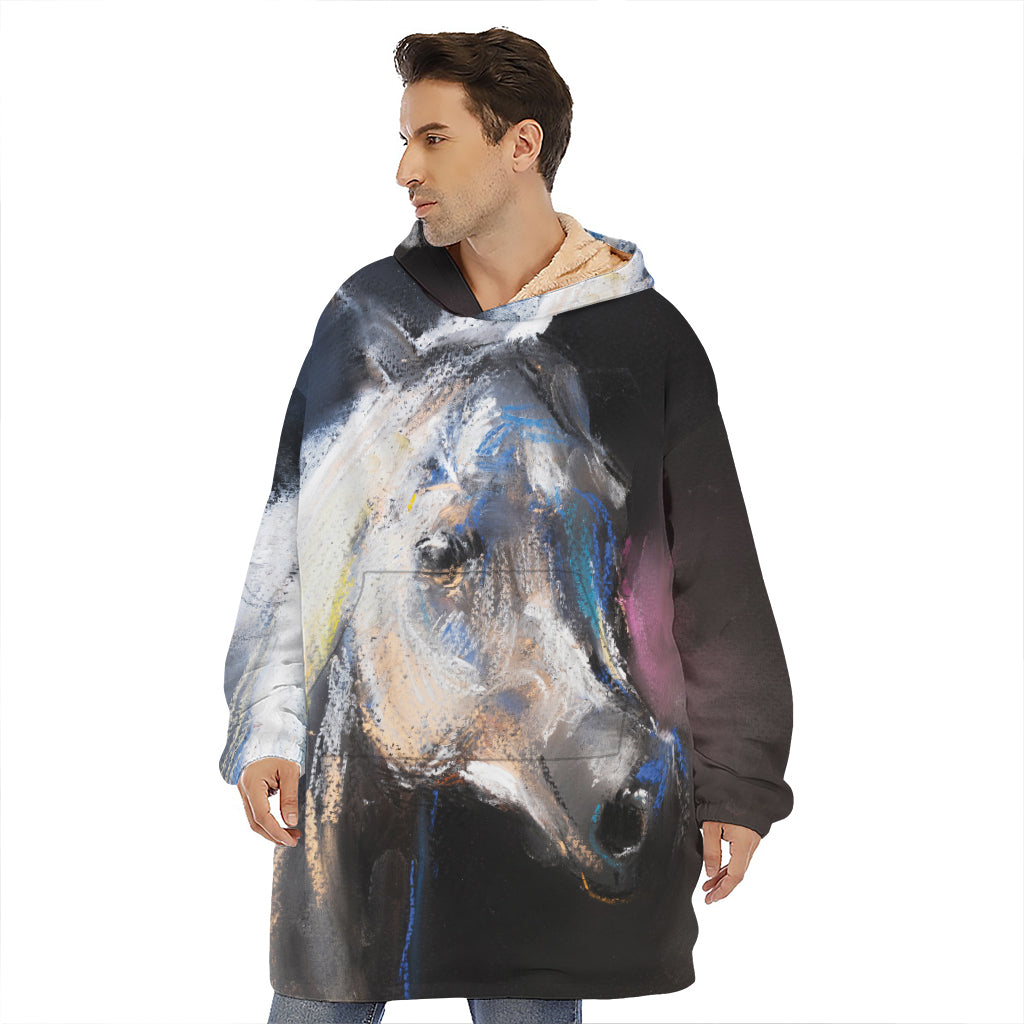 White Horse Portrait Print Hoodie Blanket