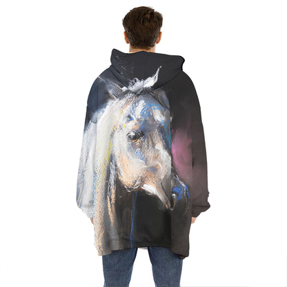 White Horse Portrait Print Hoodie Blanket