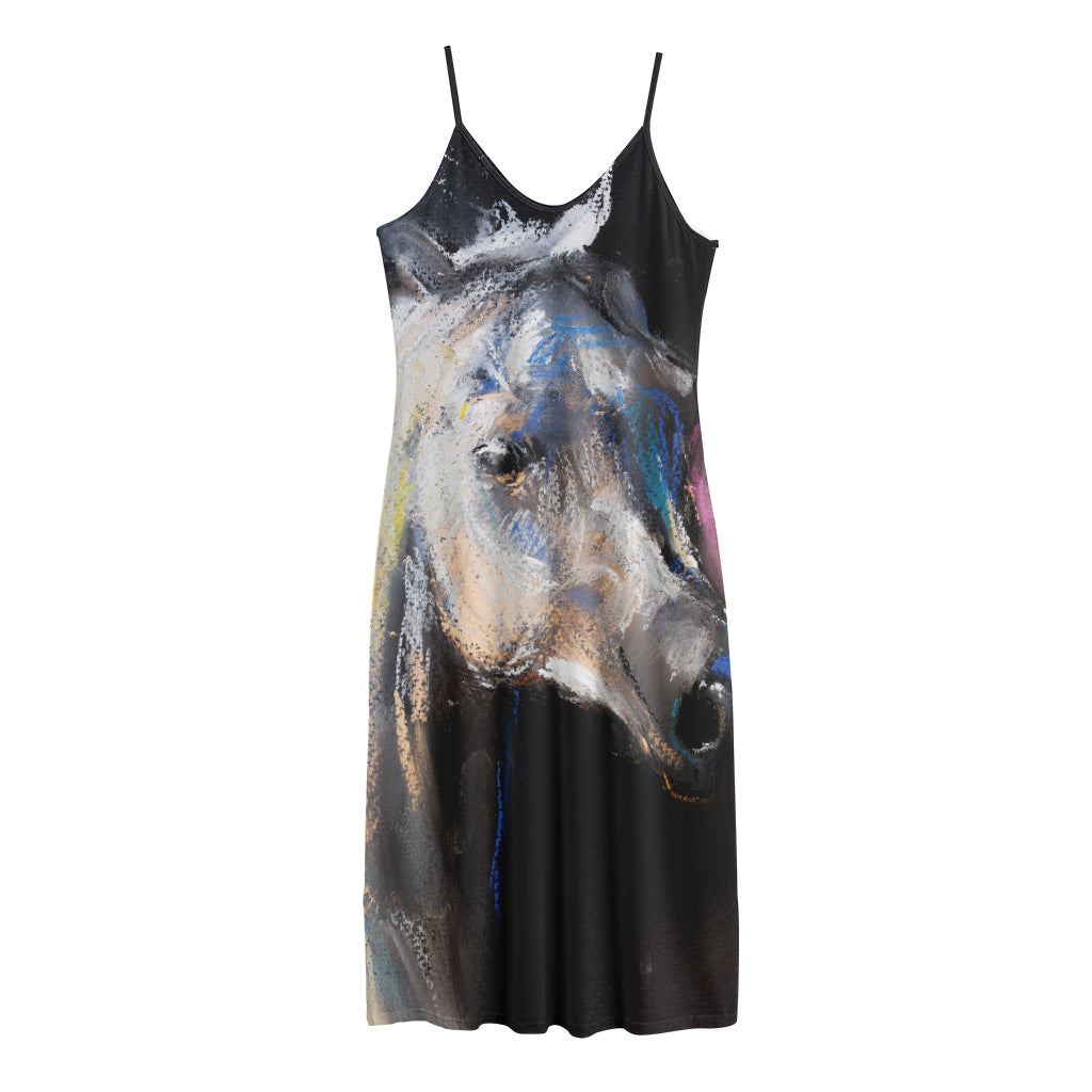 White Horse Portrait Print Jersey Midi Cami Dress