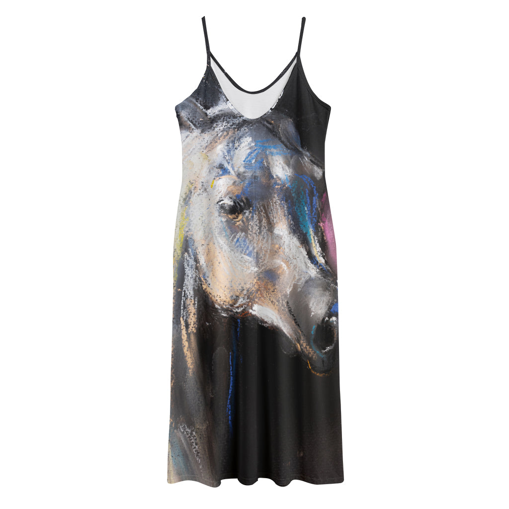 White Horse Portrait Print Jersey Midi Cami Dress