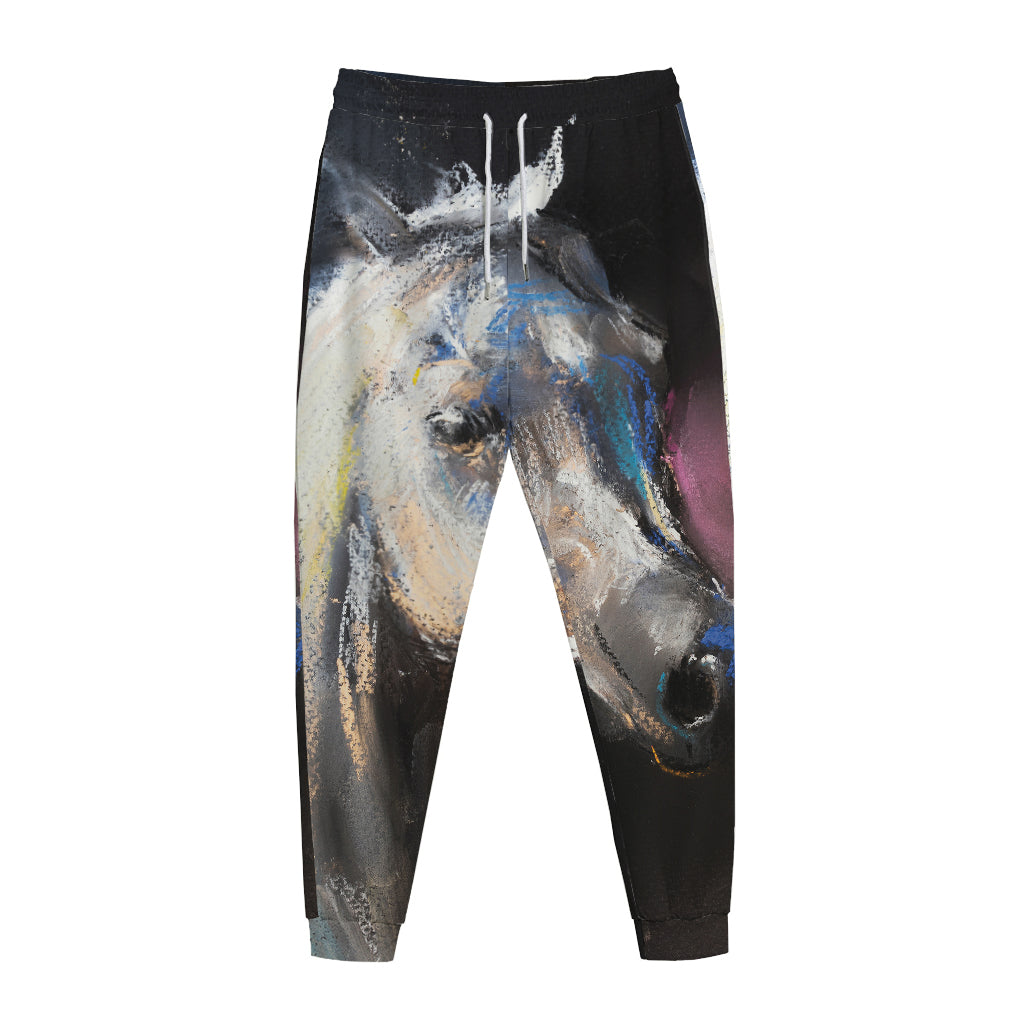 White Horse Portrait Print Jogger Pants