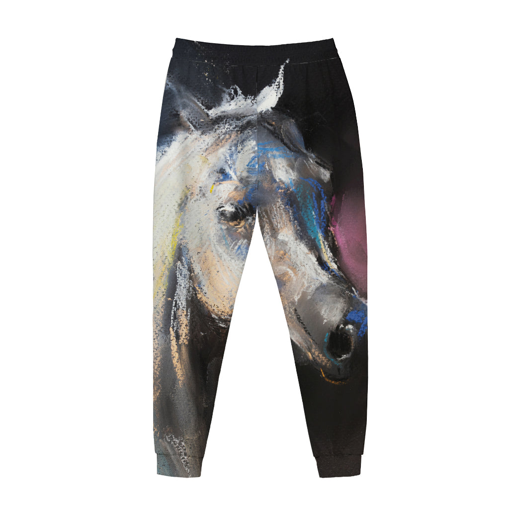 White Horse Portrait Print Jogger Pants