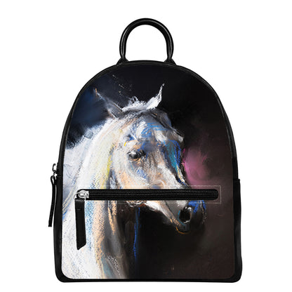 White Horse Portrait Print Leather Backpack