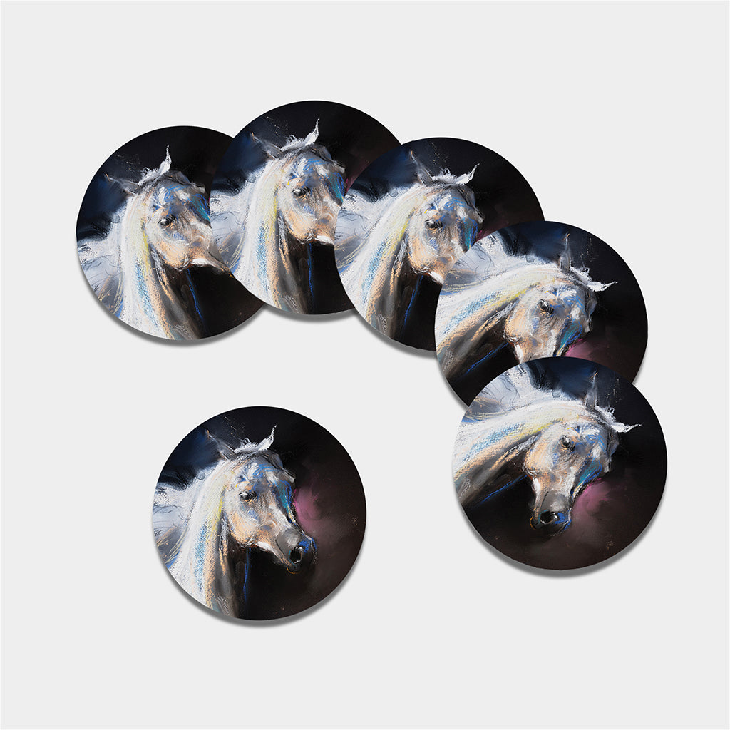 White Horse Portrait Print Leather Coaster Set