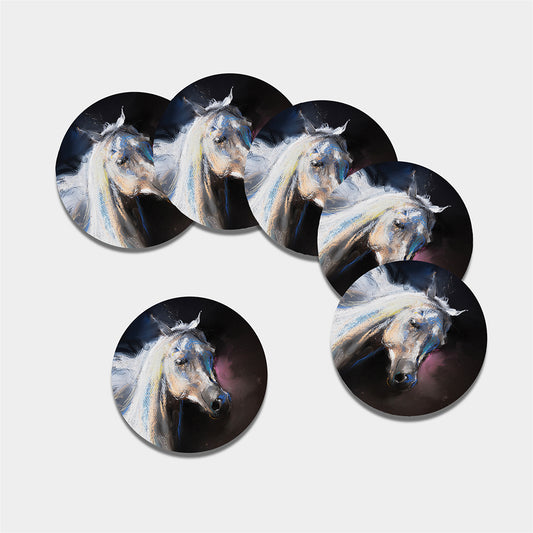 White Horse Portrait Print Leather Coaster Set