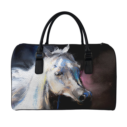 White Horse Portrait Print Leather Duffle Bag