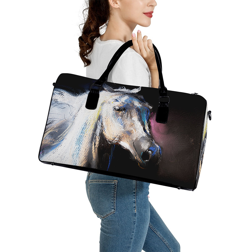 White Horse Portrait Print Leather Duffle Bag