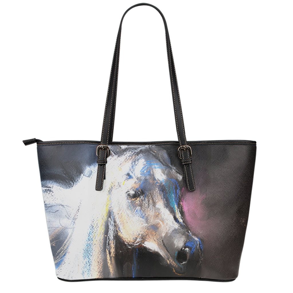 White Horse Portrait Print Leather Tote Bag