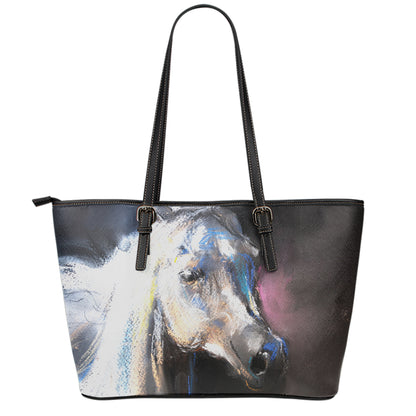 White Horse Portrait Print Leather Tote Bag