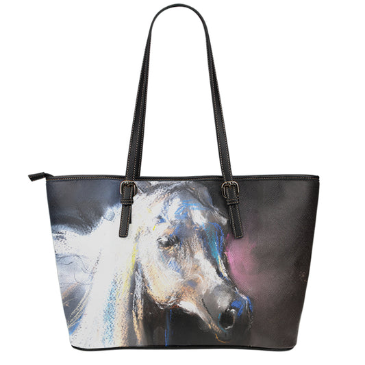 White Horse Portrait Print Leather Tote Bag