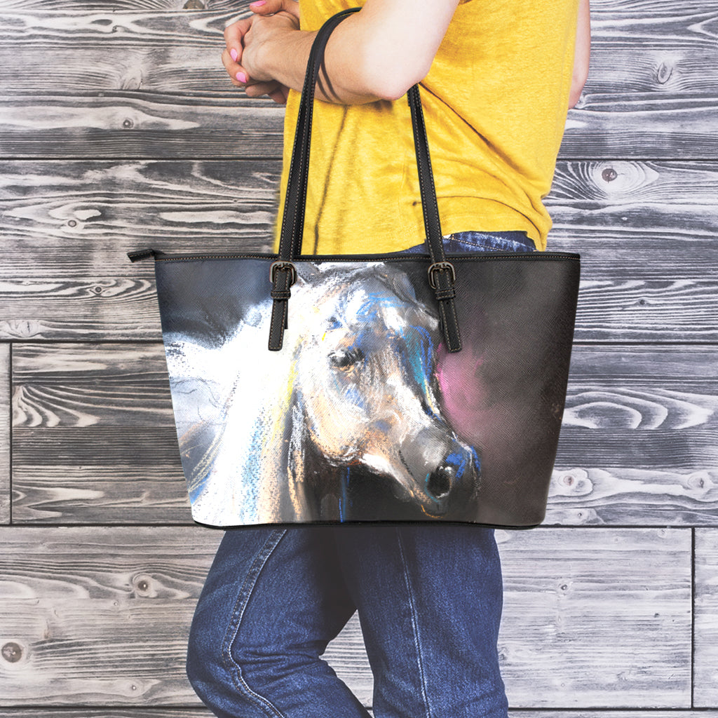 White Horse Portrait Print Leather Tote Bag