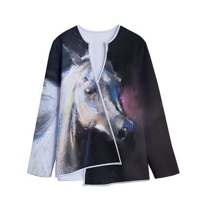 White Horse Portrait Print Long Sleeve Short Coat