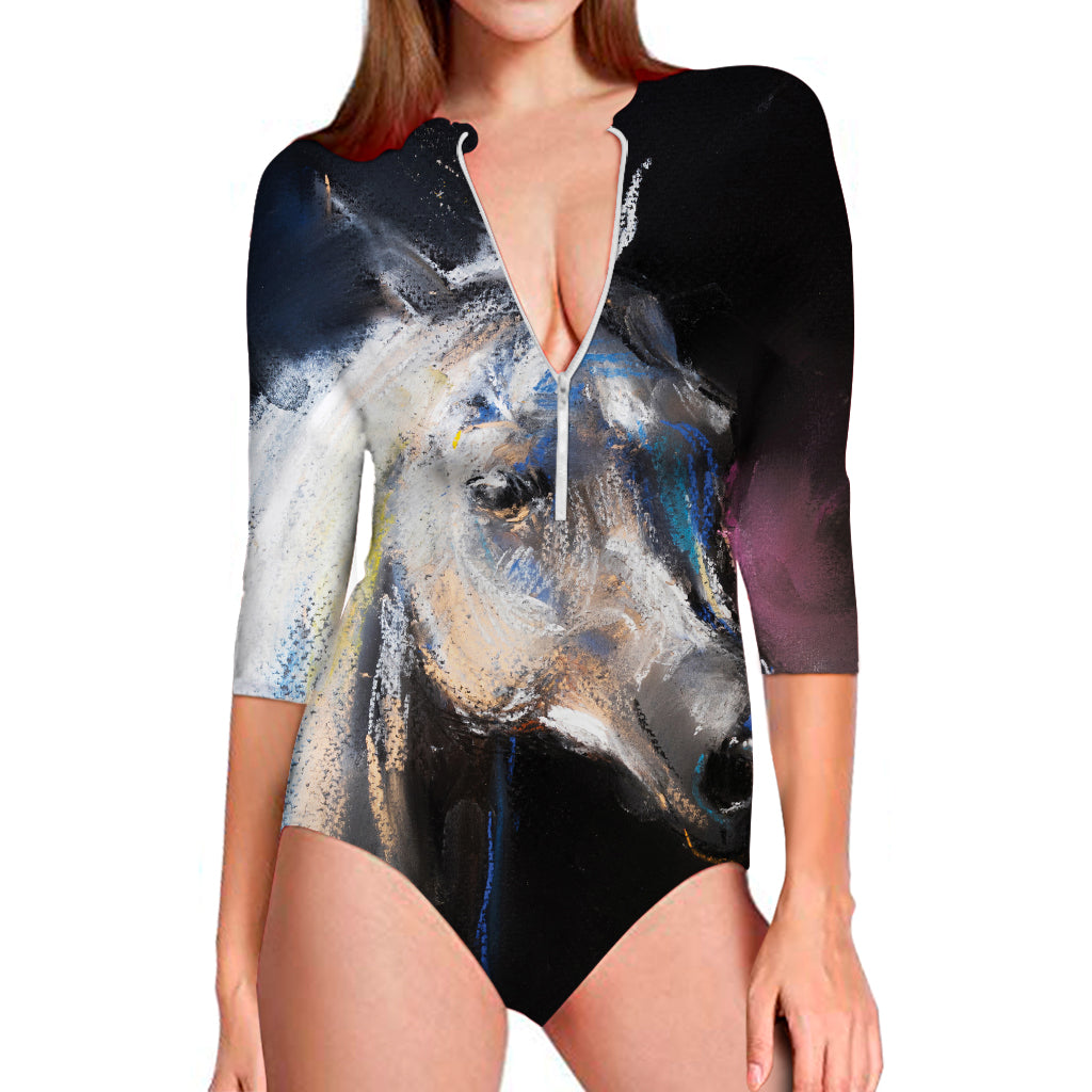 White Horse Portrait Print Long Sleeve Swimsuit