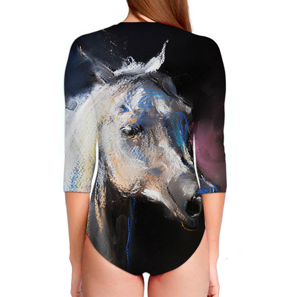 White Horse Portrait Print Long Sleeve Swimsuit