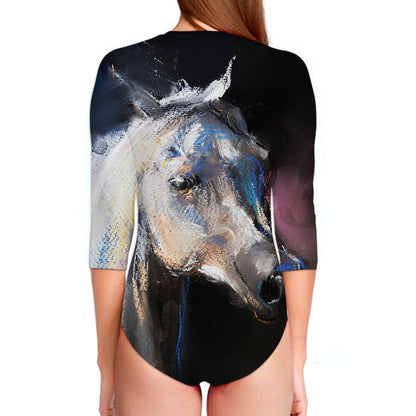 White Horse Portrait Print Long Sleeve Swimsuit