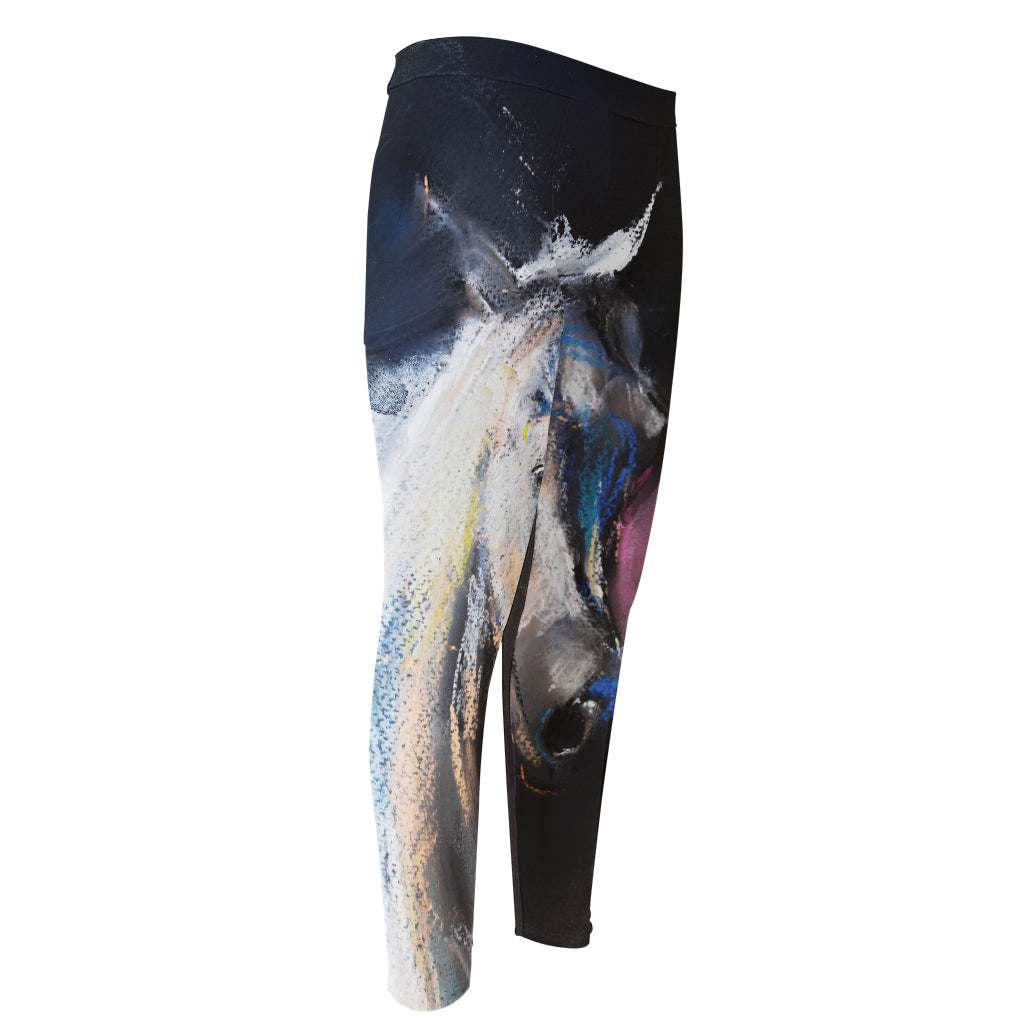 White Horse Portrait Print Men's Compression Pants