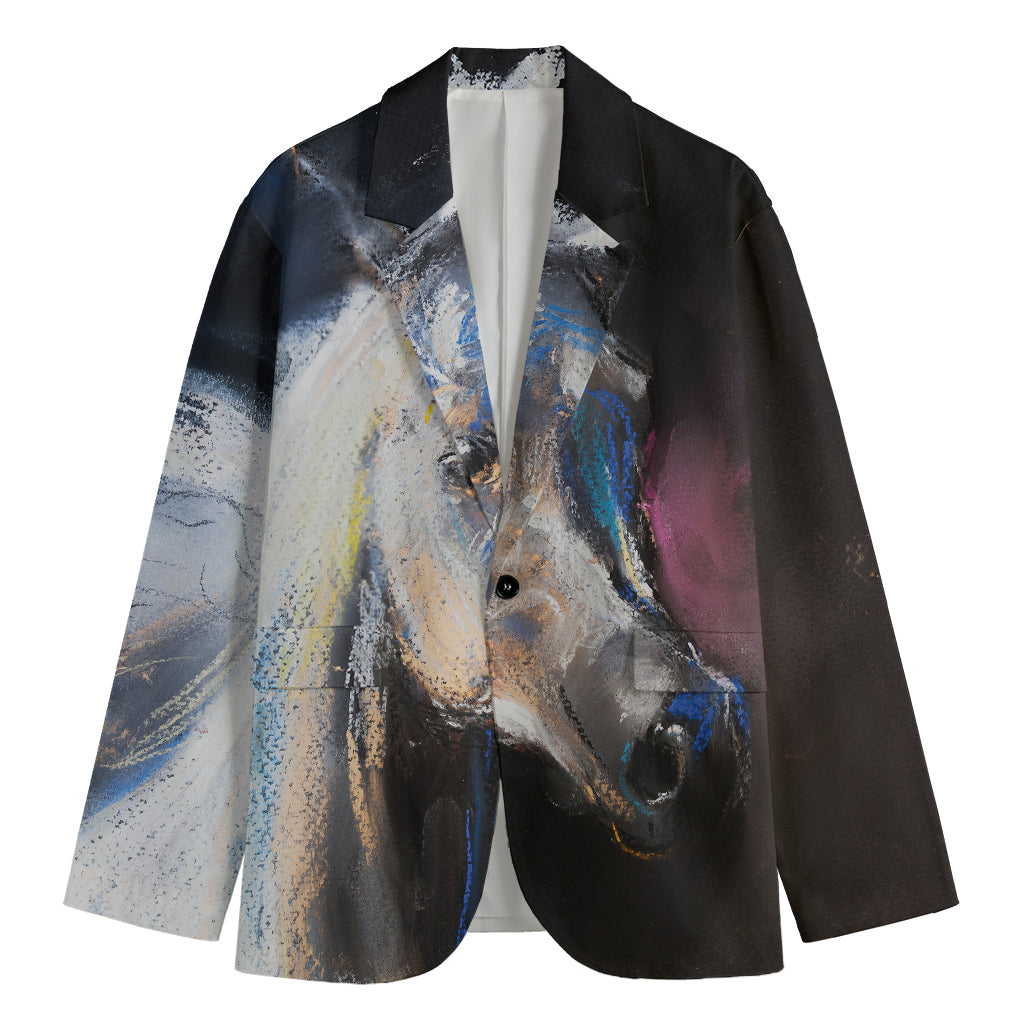 White Horse Portrait Print Men's Cotton Blazer