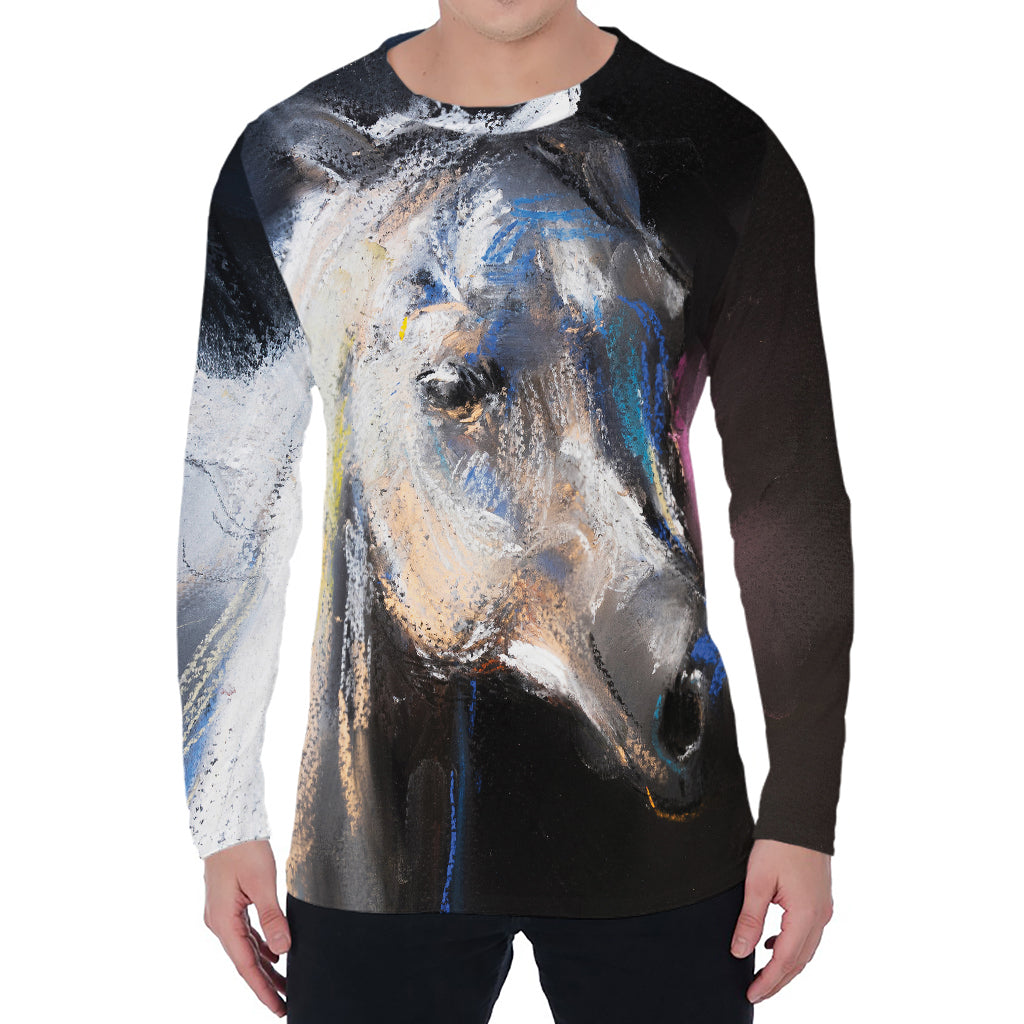 White Horse Portrait Print Men's Long Sleeve T-Shirt