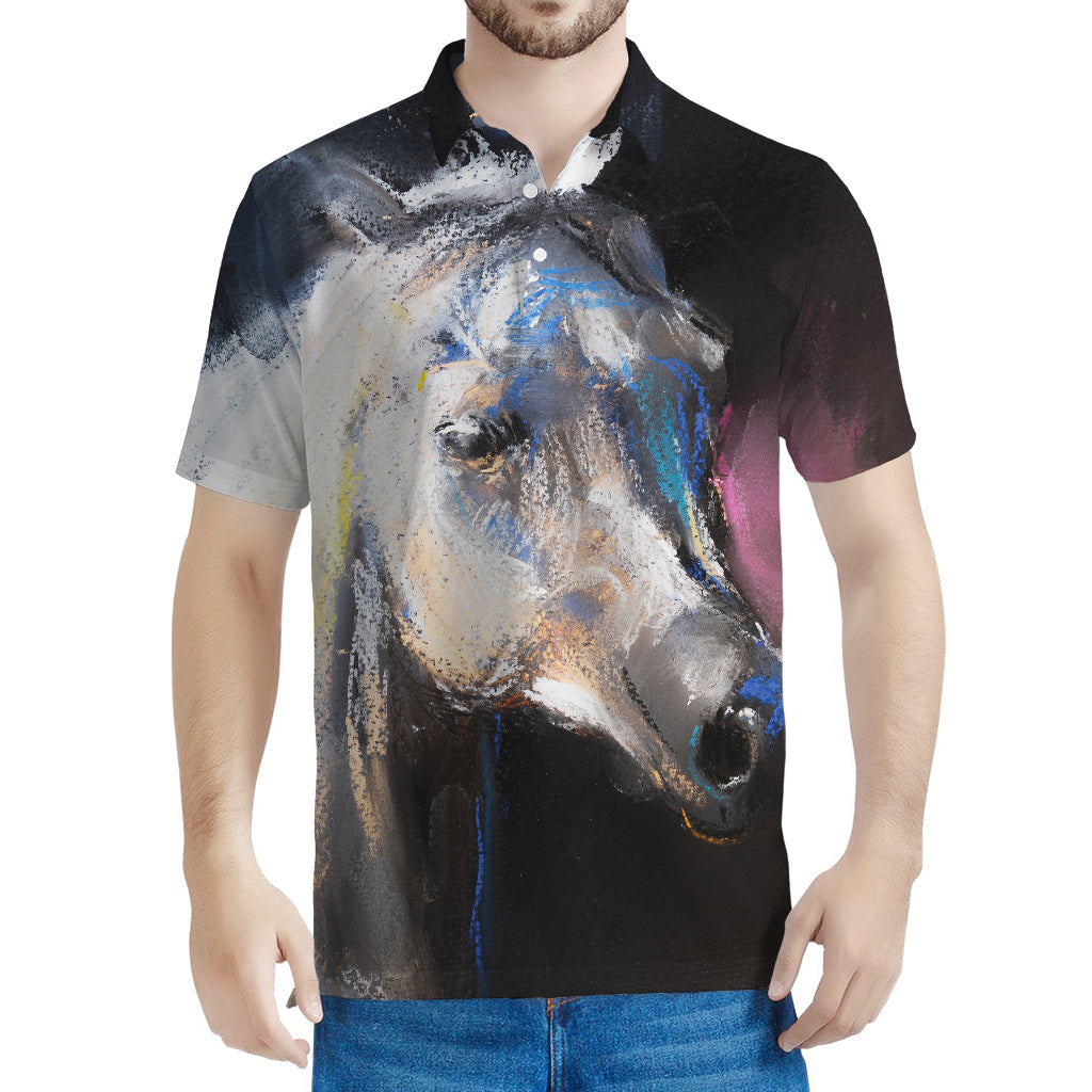 White Horse Portrait Print Men's Polo Shirt