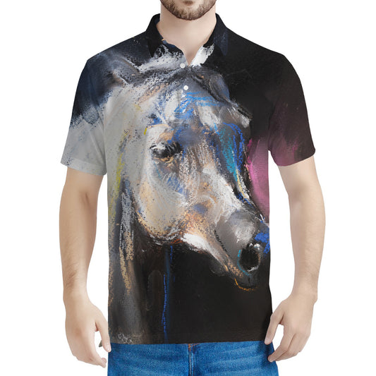 White Horse Portrait Print Men's Polo Shirt