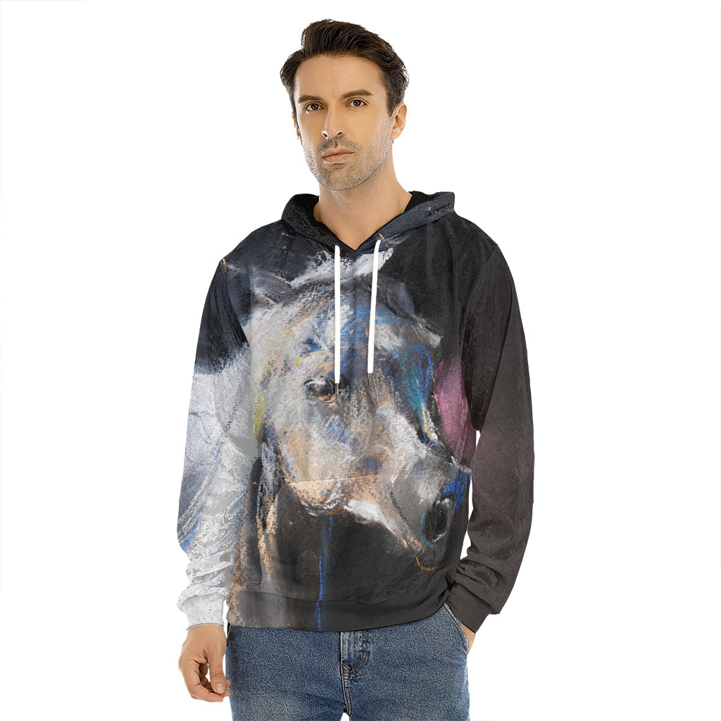 White Horse Portrait Print Men's Velvet Pullover Hoodie