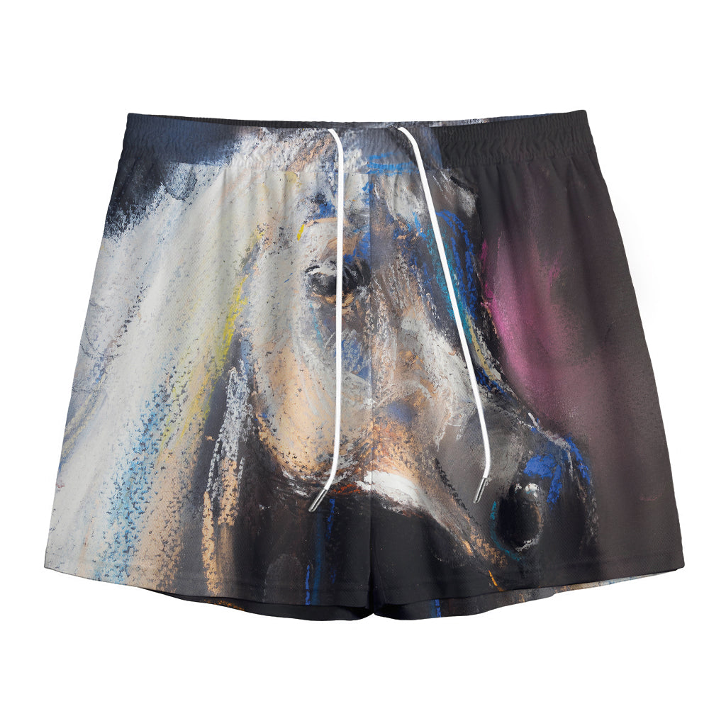 White Horse Portrait Print Mesh Shorts