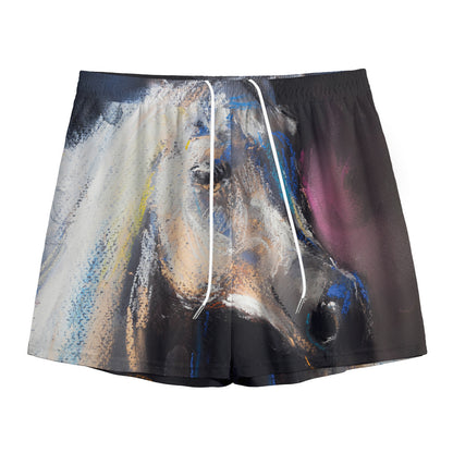 White Horse Portrait Print Mesh Shorts