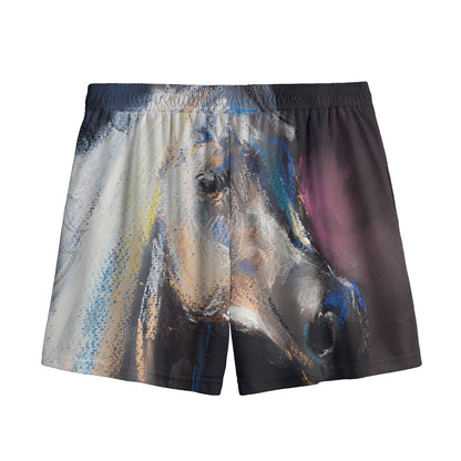 White Horse Portrait Print Mesh Shorts