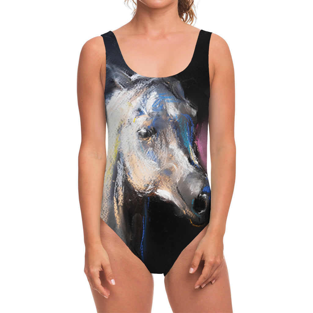 White Horse Portrait Print One Piece Swimsuit