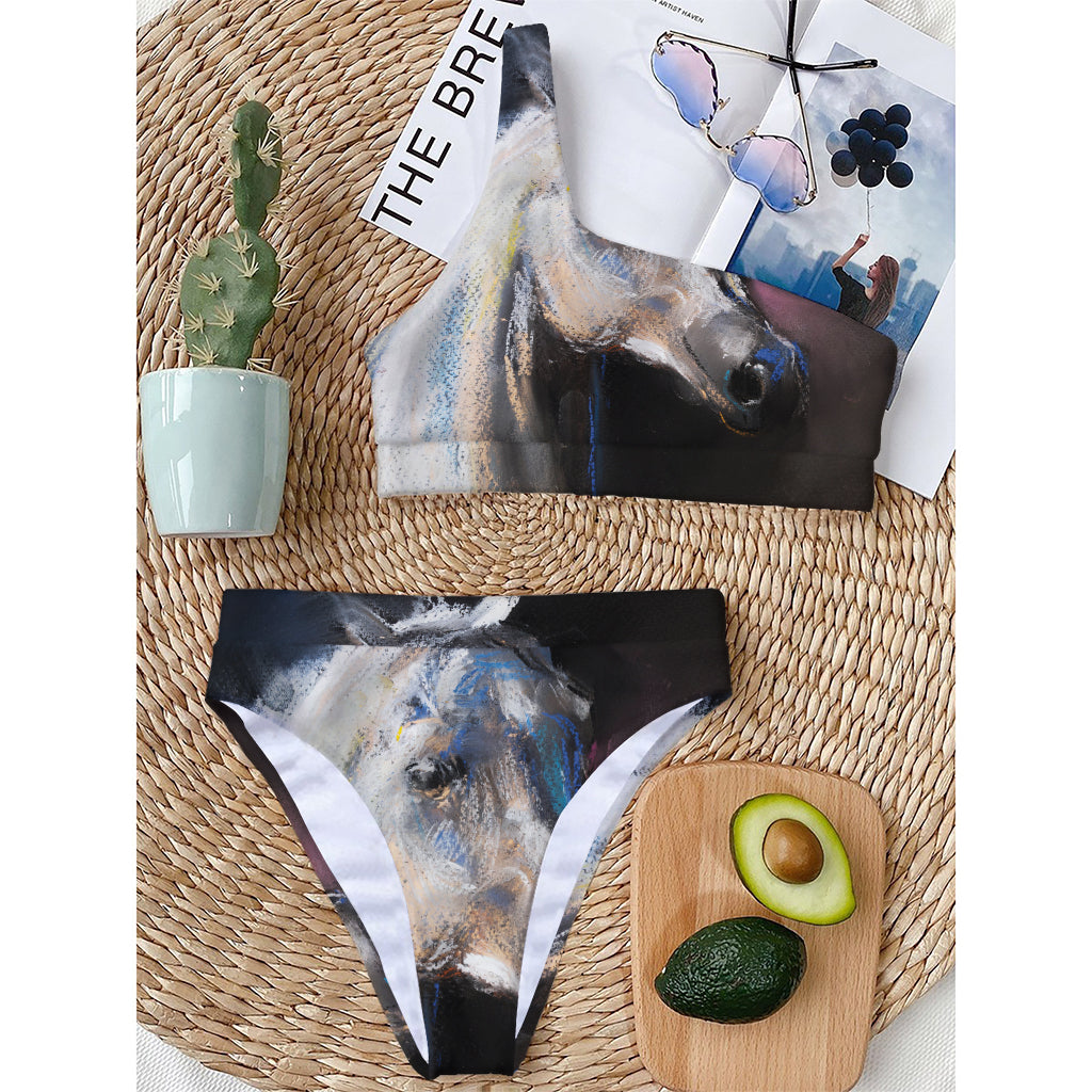 White Horse Portrait Print One Shoulder Bikini Top