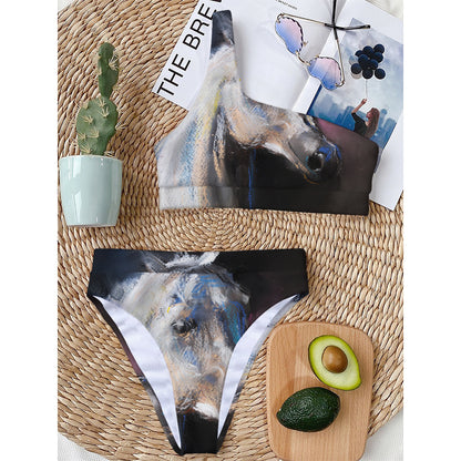 White Horse Portrait Print One Shoulder Bikini Top