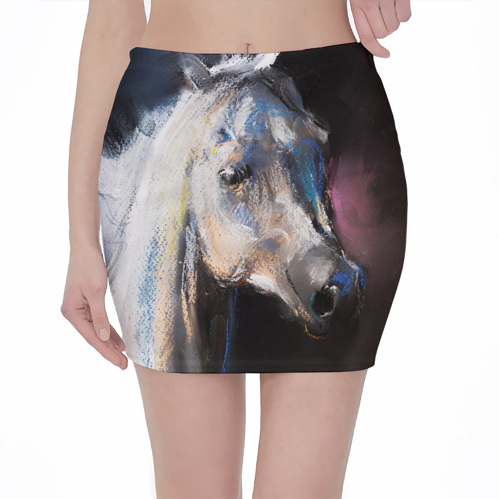 White Horse Portrait Print Pencil Mini Skirt