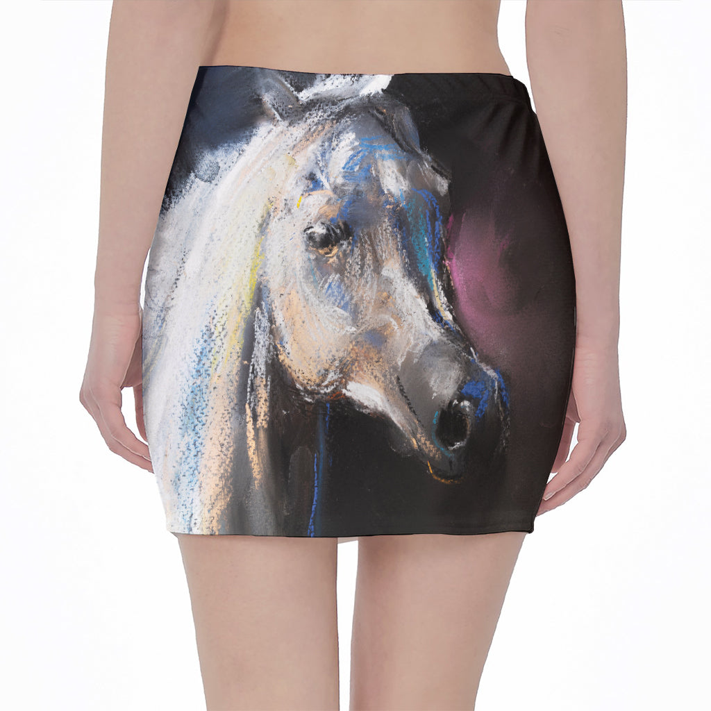 White Horse Portrait Print Pencil Mini Skirt