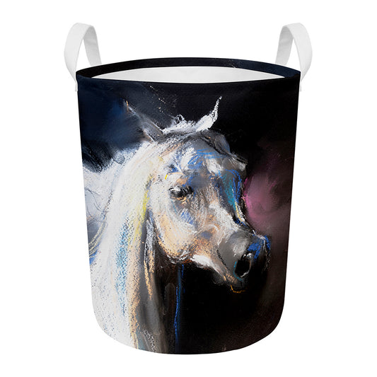White Horse Portrait Print Round Laundry Basket