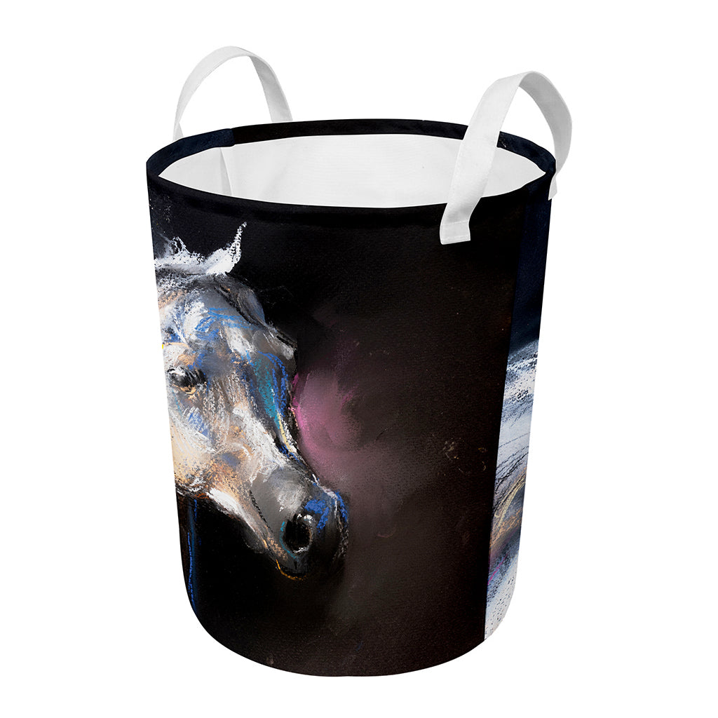White Horse Portrait Print Round Laundry Basket